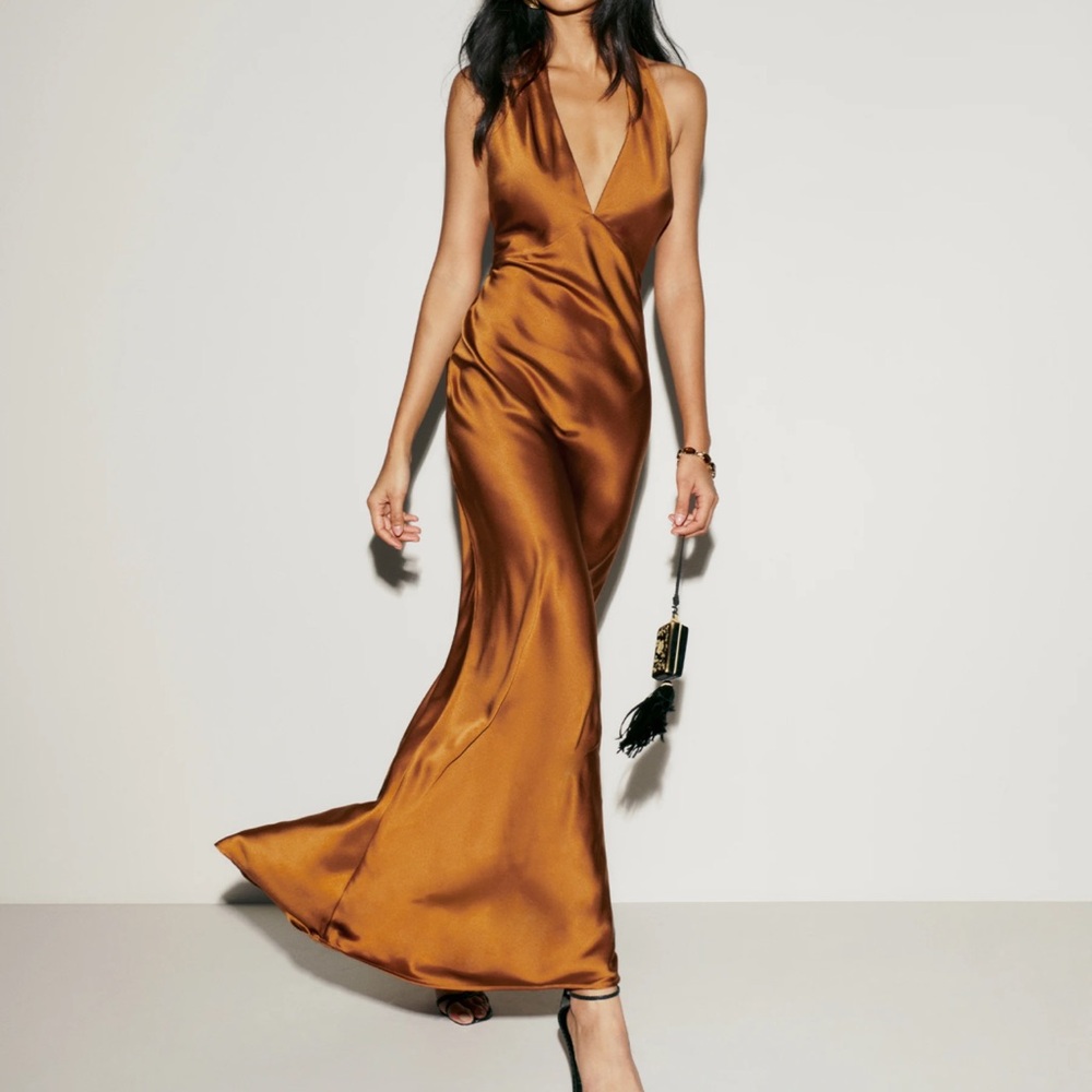 Reformation Daniela Silk Dress in Copper- worn once excellent condition.